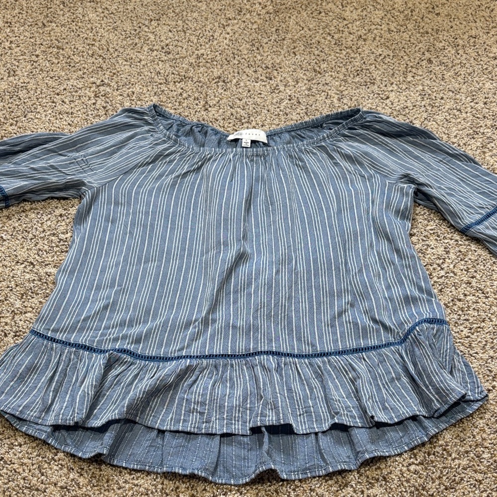 Fever Blue & White Striped Off-Shoulder Ruffle Tunic